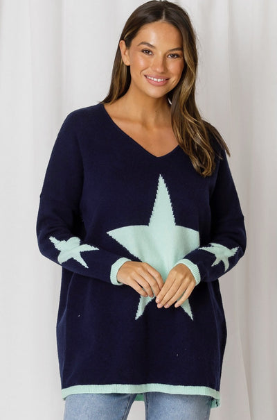 LOVE LILY THE LABEL | SASHA V NECK OVERSIZED CONTRAST STAR KNIT - INDIGO/BLUE LL | Bohemian Love Runway
