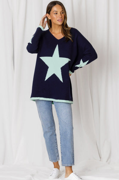 LOVE LILY THE LABEL | SASHA V NECK OVERSIZED CONTRAST STAR KNIT - INDIGO/BLUE LL | Bohemian Love Runway
