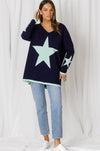 LOVE LILY THE LABEL | SASHA V NECK OVERSIZED CONTRAST STAR KNIT - INDIGO/BLUE LL | Bohemian Love Runway