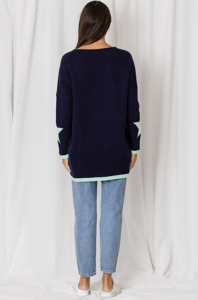 LOVE LILY THE LABEL | SASHA V NECK OVERSIZED CONTRAST STAR KNIT - INDIGO/BLUE LL | Bohemian Love Runway