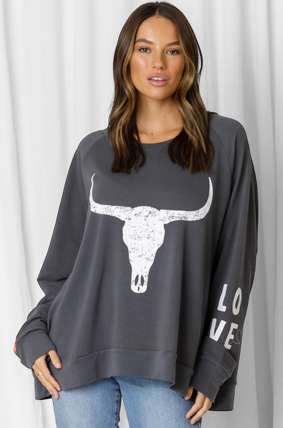 LOVE LILY THE LABEL | MONTANA GRAPHIC PRINT NEON STRIPED SLEEVE SWEAT - SLATE | Bohemian Love Runway